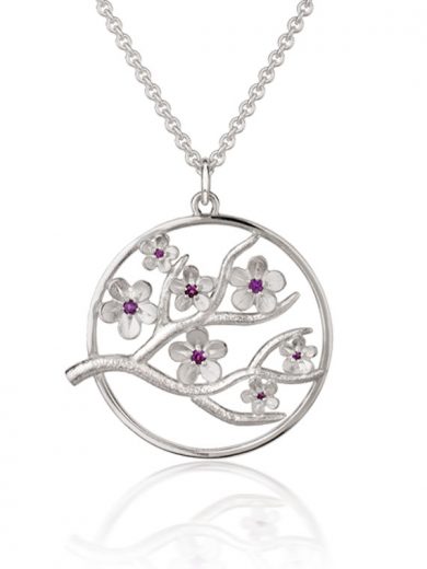 Cherry Blossom Large Silver Pendant with Garnets - CB06G